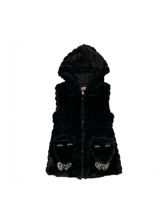 Ustyle Girls Fur Coat Black Sleeveless with Ηood