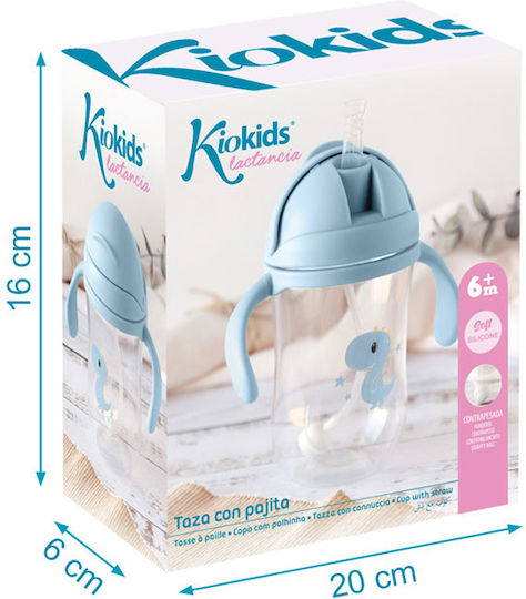 Kiokids Παιδικό Ποτηράκι με Λαβές και Καλαμάκι Little Dinosaur από Πλαστικό Γαλάζιο Little Dinosaur 300ml για 6m+