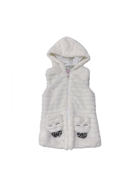 Ustyle Girls Fur Coat White Sleeveless with Ηood