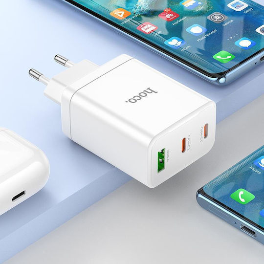 Hoco Φορτιστής με Θύρα USB-A και 2 Θύρες USB-C και Καλώδιο USB-C - USB-C 35W Power Delivery / Quick Charge 3.0 Λευκός (N33 Start)