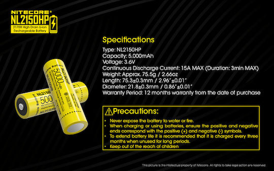 NiteCore NL2150HP Επαναφορτιζόμενη Μπαταρία 21700 Li-ion 5000mAh 3.6V 1τμχ