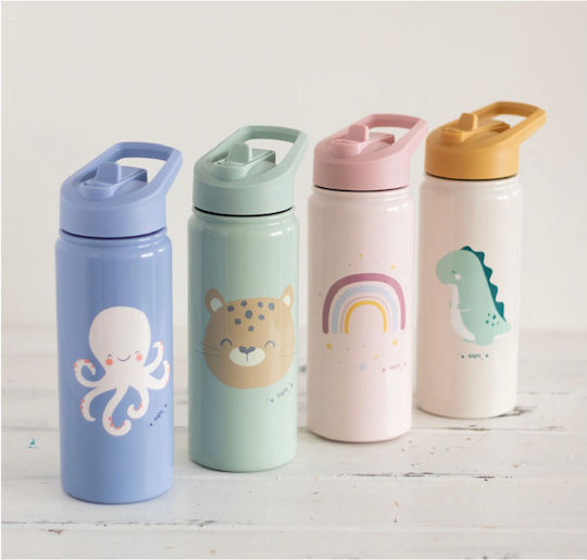 Saro Rainbow Kinderflasche Thermos Rostfreier Stahl mit Strohhalm Rosa 500ml (Verschiedene Designs/Farben)