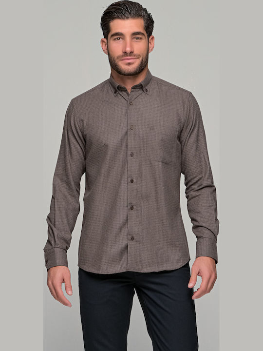 Long-sleeved Flannel Shirt Checked Brown