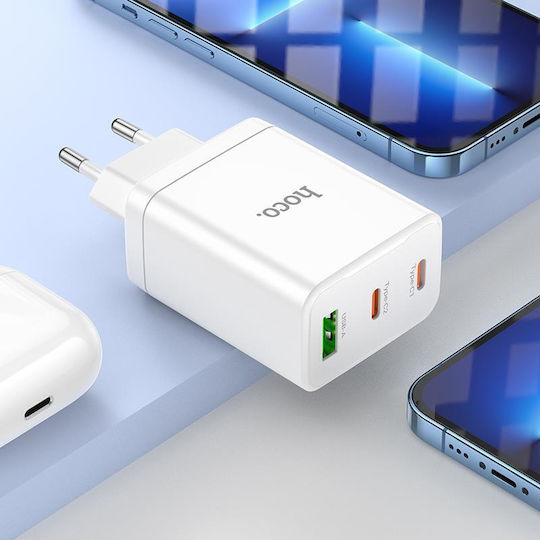 Hoco Φορτιστής Χωρίς Καλώδιο με Θύρα USB-A και 2 Θύρες USB-C 35W Power Delivery / Quick Charge 3.0 Λευκός (N33 Start)