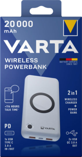 Varta Wireless Power Bank 20000mAh 20W με 2 Θύρες USB-A και Θύρα USB-C Power Delivery Λευκό