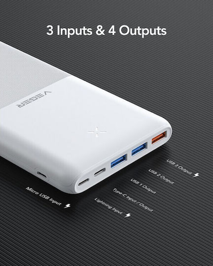 Veger S22 Външна Батерия 20000mAh 20W с 3 USB-A Изходни Порта и USB-C Изходен Порт Power Delivery / Бързо Зареждане Бяла