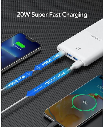 Veger S22 Външна Батерия 20000mAh 20W с 3 USB-A Изходни Порта и USB-C Изходен Порт Power Delivery / Бързо Зареждане Бяла