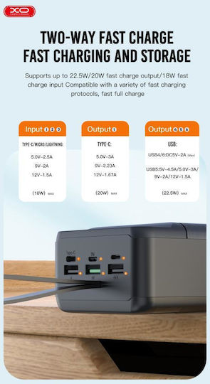 XO PR158 Power Bank 50000mAh 18W mit 2 USB-A Anschlüssen und USB-C Anschluss Schwarz
