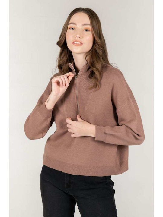 24 Colours Damen Bluse Langärmelig mit Reißverschluss Braun