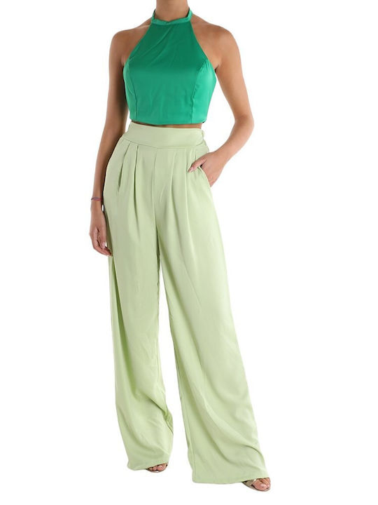 Remix Women's Summer Crop Top with Straps & Tie Neck Green