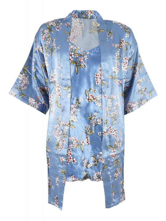 G Secret Winter Damen Satin Robe mit Pyjama Hellblau