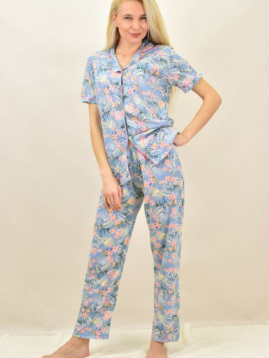 Potre Sommer Damen Pyjama-Set Baumwolle Hellblau