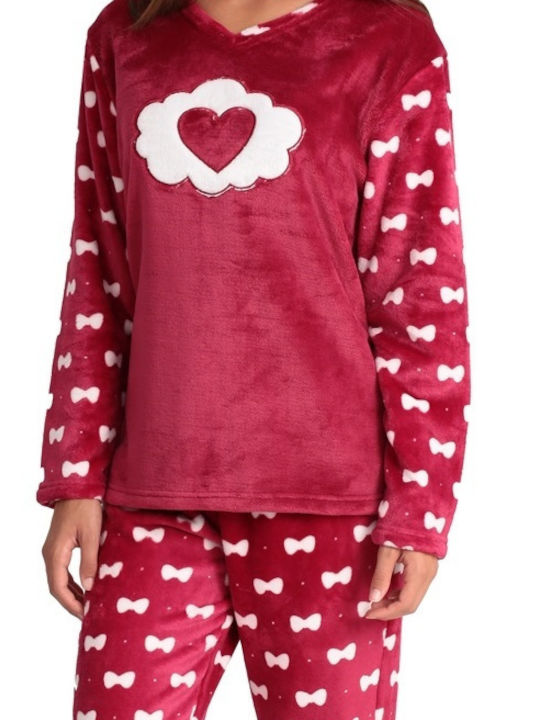 Lydia Creations Winter Damen Pyjama-Set Vlies Burgundisch