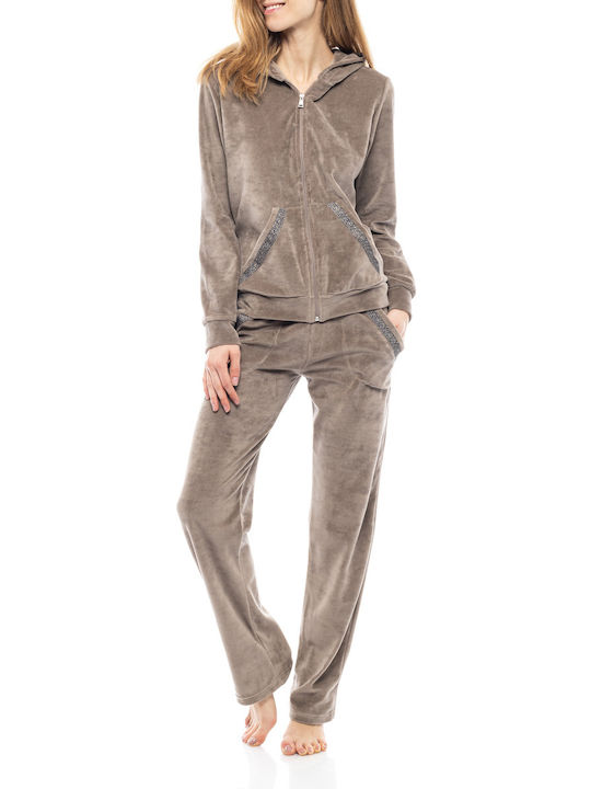 Pink Label Winter Damen Pyjama-Set Samt Gray