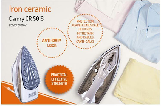 Camry CR-5018 CR5018 Steam Iron 3000W with Ceramic Plate and Continuous Steam Supply 40g/min