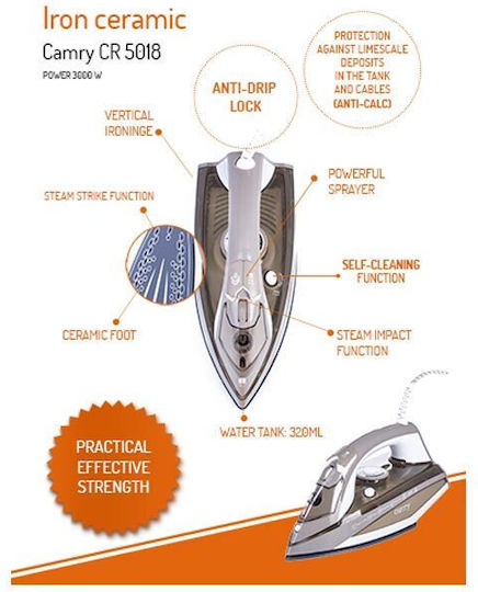Camry CR-5018 CR5018 Steam Iron 3000W with Ceramic Plate and Continuous Steam Supply 40g/min