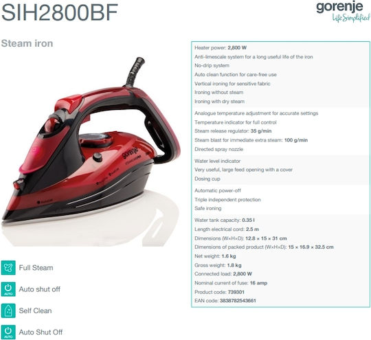 Gorenje SIH2800BF Steam Iron 2800W with Continuous Steam 35g/min