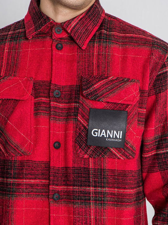 Gianni Kavanagh Men's Shirt Overshirt Long Sleeve Cotton Checked Red