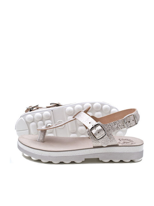 9005 Leather Women's Flat Sandals Anatomic with Strap Flatforms in Silver Color