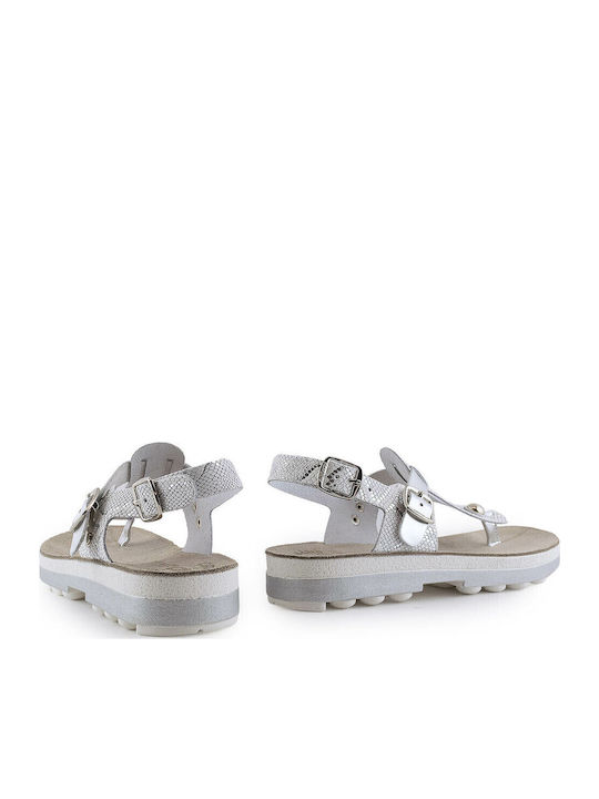 9005 Leather Women's Flat Sandals Anatomic with Strap Flatforms in Silver Color
