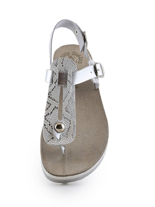9005 Leather Women's Flat Sandals Anatomic with Strap Flatforms in Silver Color