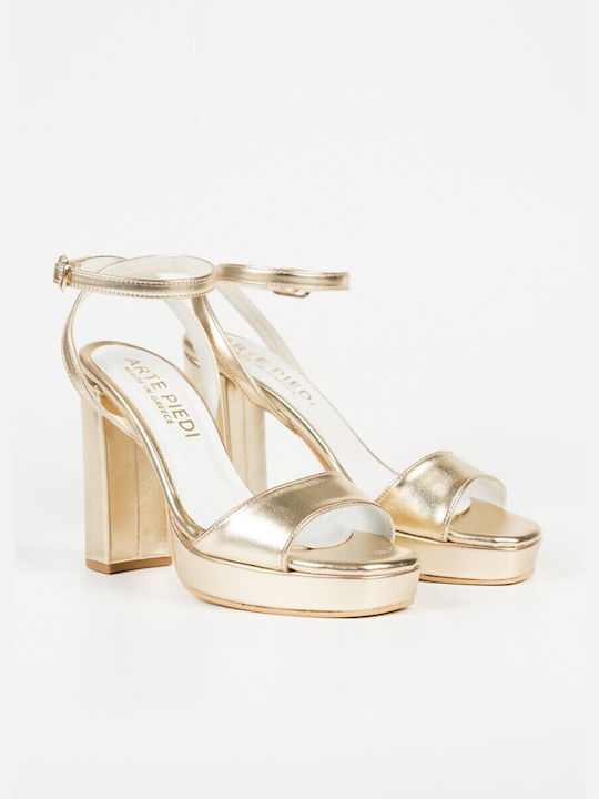 Arte Piedi Leder Damen Sandalen mit Chunky hohem Absatz in Gold Farbe