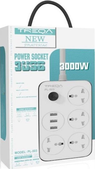 Treqa Bandă de alimentare Securitate 4 Prize cu 3 USB-A, Comutator și Cablu 5m