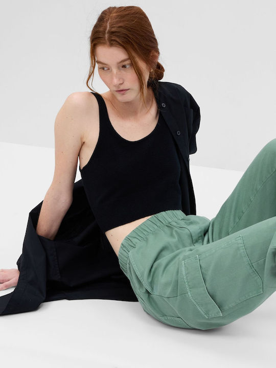 Women's Fabric Cargo Trousers with Elastic Green