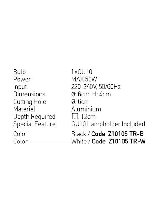 Zambelis Lights Round Metallic Recessed Spot with Socket GU10 Black 6x6cm. 1pcs