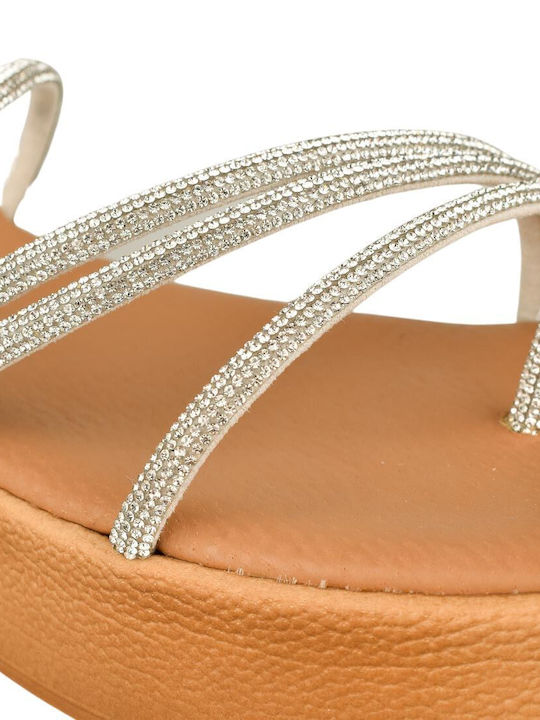 Yfantidis Leather Women's Flat Sandals in Silver Color