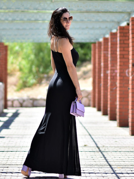 Summer Maxi Evening Dress Satin with Slit Black