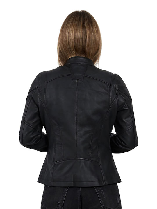 Leatherland Women's Short Biker Leather Jacket for Winter Black