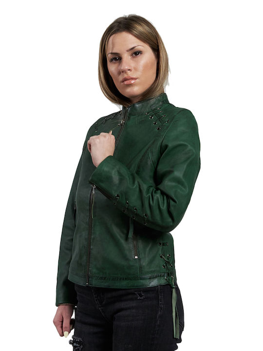 Leatherland Women's Short Biker Leather Jacket for Winter Green