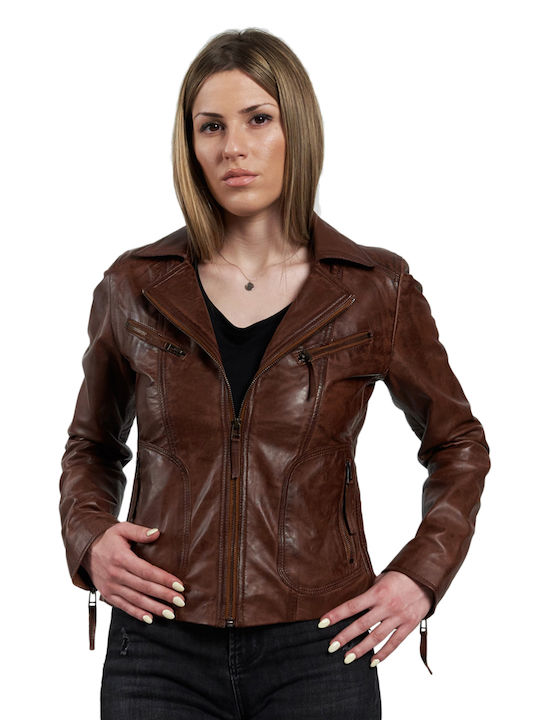 Leatherland Women's Short Biker Leather Jacket for Winter Tabac Brownc Brown