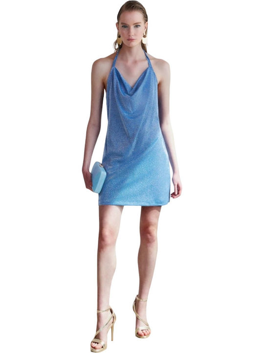 Summer Mini Evening Dress Draped Checkers - Blue