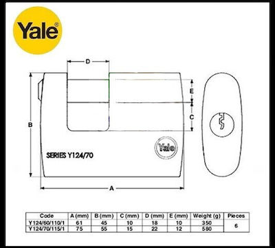 Yale Boron Υ124 Vorhängeschloss Monoblock mit Schlüssel 61mm 1Stück