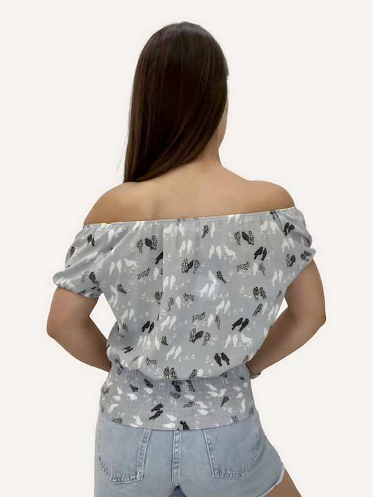 Sateen Κοντομάνικη Γυναικεία Μπλούζα Off-Shoulder Καλοκαιρινή Γαλάζια