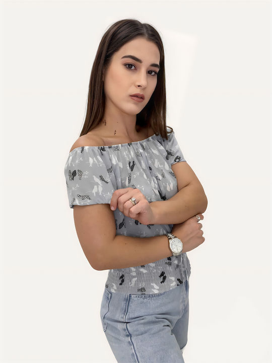 Γυναικεία Καλοκαιρινή Μπλούζα Off-Shoulder Κοντομάνικη Γαλάζια