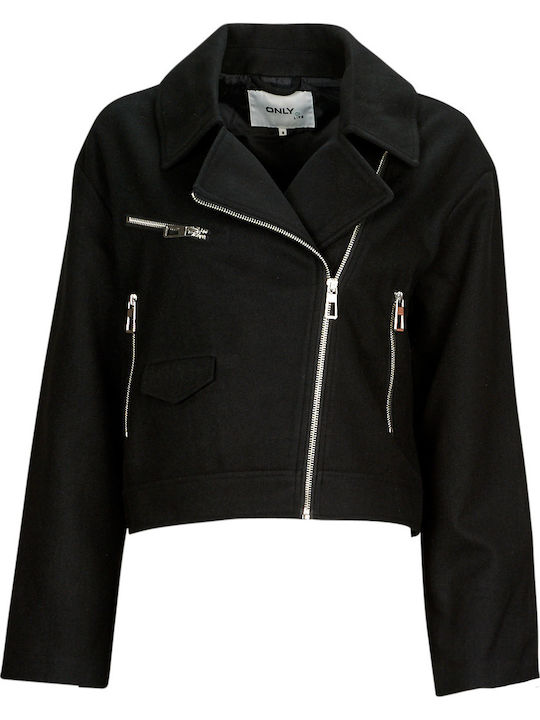Women's Short Biker Leather Jacket for Winter Black