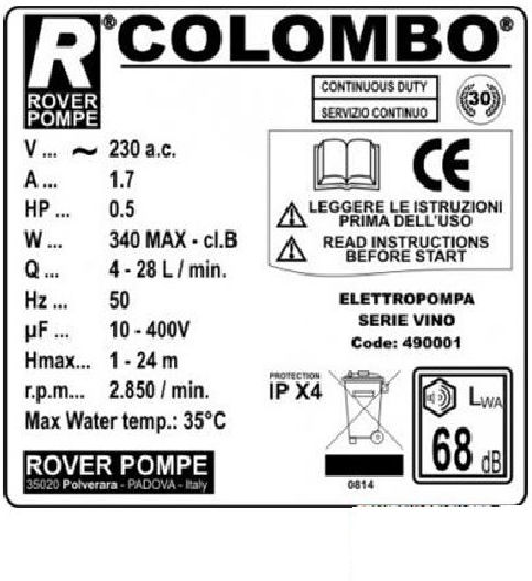Rover Pompe Colombo 12 Pompa de transfer monofazată cu putere 0.5hp