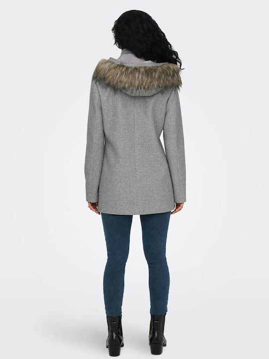 Only Women's Midi Coat with Zipper and Hood Gray