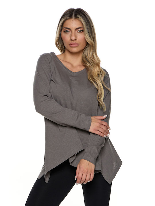 Bodymove Women's Summer Blouse Cotton Long Sleeve with V Neckline Gray