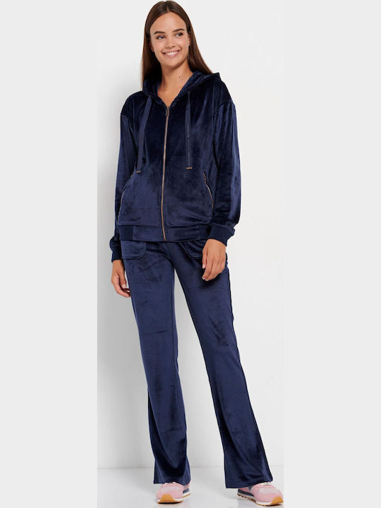 Long Women's Sweatshirt Jacket Velvet Hooded Blue