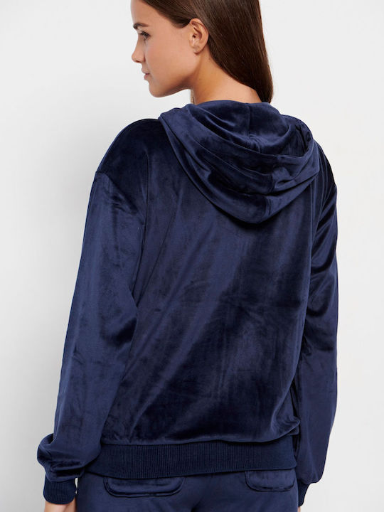 Long Women's Sweatshirt Jacket Velvet Hooded Blue