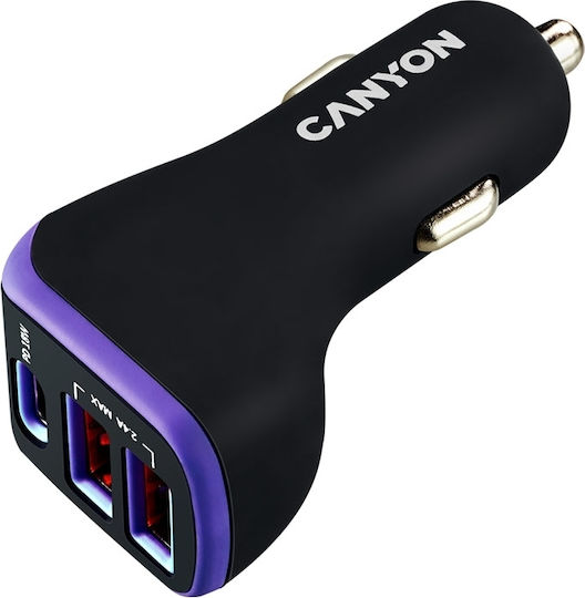 Canyon Car Charger Black with Ports: 2xUSB 1xType-C