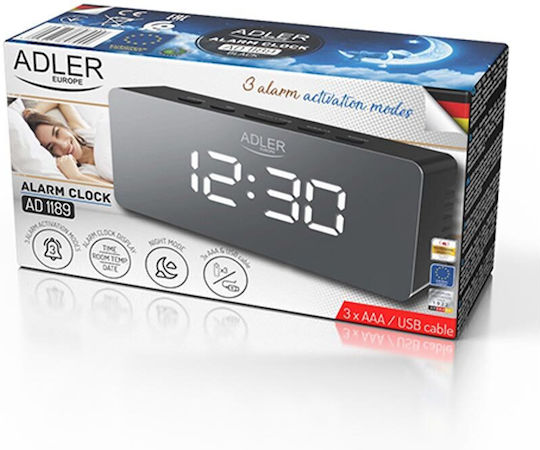 Adler Επιτραπέζιο Ψηφιακό Ρολόι LED Πλαστικό με Ξυπνητήρι Μαύρο AD 1189B