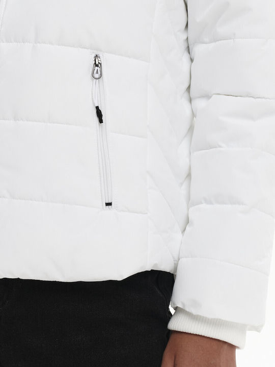 Women's Short Puffer Jacket Waterproof and Windproof for Winter with Detachable Hood White
