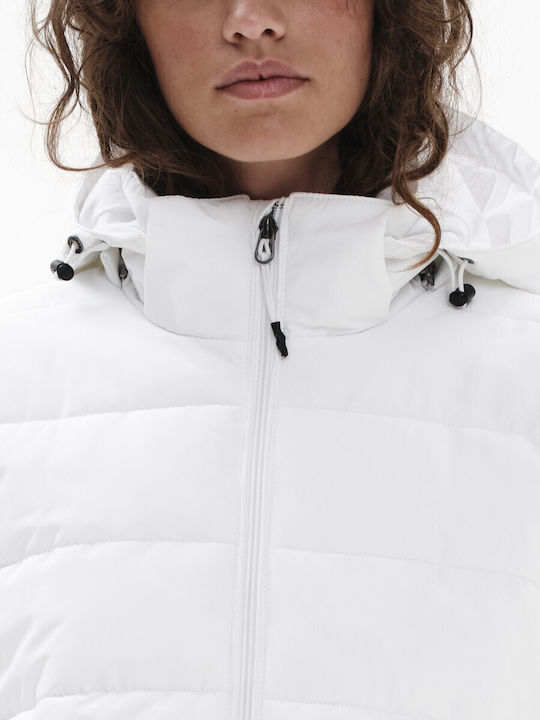 Women's Short Puffer Jacket Waterproof and Windproof for Winter with Detachable Hood White