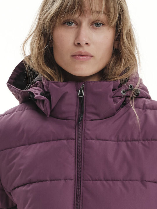 Women's Short Puffer Jacket Waterproof and Windproof for Winter with Detachable Hood Purple