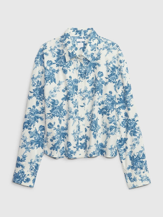 Langärmelig Damen Hemd Blau Blumen